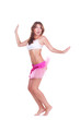 Attractive young woman jumping isolated over whiite
