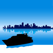 Black vector  Miami silhouette skyline with yacht
