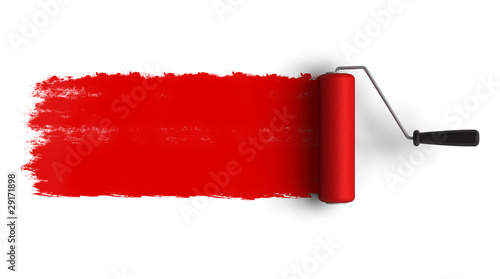 Illustration: Red roller brush with trail of paint Red roller brush with trail of paint