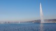 view on Geneva lake, pier and famous Jet d'Eau fountain