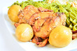 Braised rabbit loin with onion, bacon and mustard