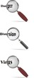 magnifying glass with words” danger’, ‘virus’, ‘diversion’