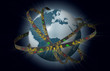 World markets globe with orbiting stock tickers