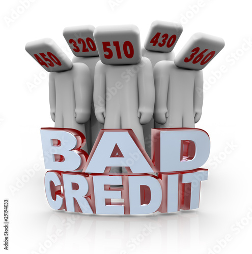 Illustration: Bad Credit Scores - People Depressed with Number Heads Bad Credit Scores - People Depressed with Number Heads