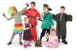 many children in costumes, clown, businessman, pirate, fighter,