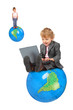 computer boy on inflatable globe and girl on globe collage