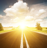 Asphalt road in green sunset meadow