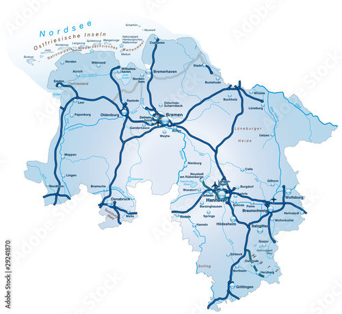 Vektor: Bundesland Niedersachsen mit Autobahnen Bundesland Niedersachsen mit Autobahnen