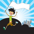 happy boy running with white flag