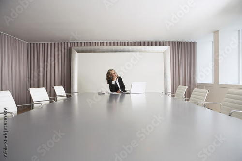Photo: Female Business Executive Sitting in Boardroom using Laptop Female Business Executive Sitting in Boardroom using Laptop