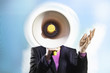 Mid-adult woman speaking through megaphone, arms raised, digitally enhanced