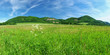 Green meadow and hills at the horizon