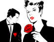 Jeune femme amoureuse rose rouge homme coeur