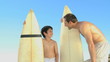 Father and son with surfboard talking with each other