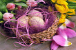 Osternest gerahmt von Tulpen