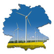 Windkrafträder in einem Rapsfeld in abstrakter Deutschlandkarte