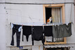 Linge à la fenêtre et chat à Lisbonne, Portugal Linge à la fenêtre et chat à Lisbonne, Portugal