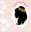 Portrait of woman with bouquet in hair. Valentines card