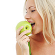 woman eat green apple