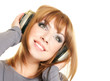 Smiling beautiful woman with headphones isolated over a white