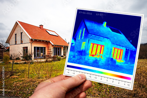 Photo: modern one-family house and thermal imaging modern one-family house and thermal imaging