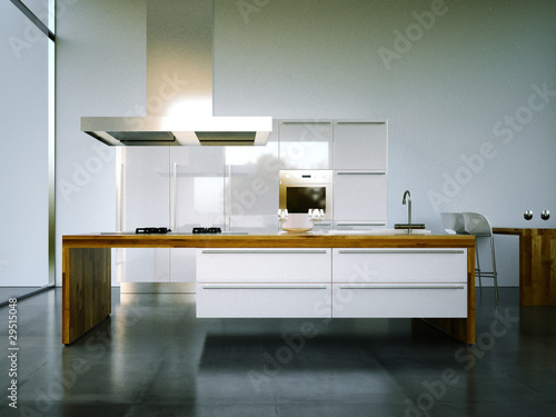 Illustration: 3d Rendering Küche weiß mit Holz mit Steinboden 3d Rendering Küche weiß mit Holz mit Steinboden