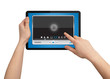 A male hand holding a touchpad media player A male hand holding a touchpad media player