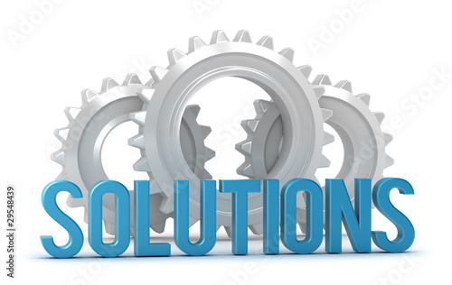 Illustration: Solutions word with cogs in background isolated on white Solutions word with cogs in background isolated on white