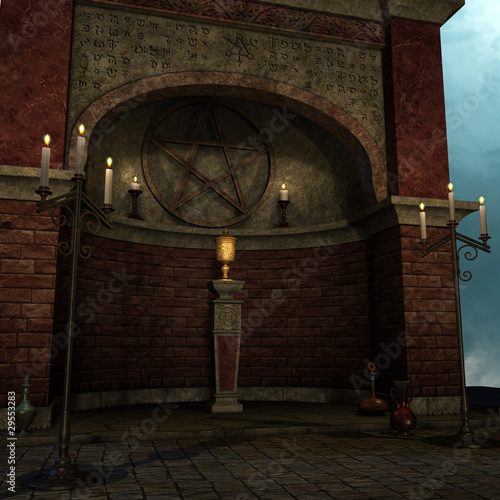 Illustration: archaic altar or sanctum in a fantasy setting. 3D rendering of archaic altar or sanctum in a fantasy setting. 3D rendering of
