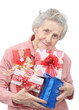 old lady and boxes with gifts old lady and boxes with gifts
