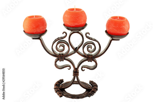 Photo: Steel candlestick with candle isolated on white background Steel candlestick with candle isolated on white background