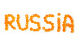 Word "Russia" written by red caviar on a white background