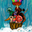 A group of colorful fantasy character fly in a balloon