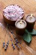 Bath salt, lavender with candle. Still life. Bath salt, lavender with candle. Still life.
