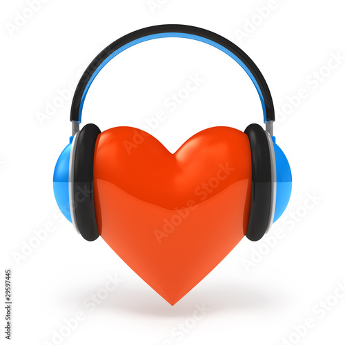 Heart with headphones. Love music concept isolated on white