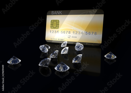 Illustration: 3d credit card with diamonds on black background 3d credit card with diamonds on black background