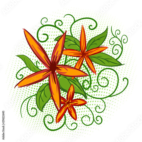Vector: Orange flowers with green leaves and abstract pattern Orange flowers with green leaves and abstract pattern