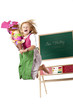 Mädchen mit Schultüte springt am 1. Schultag freudig in die Luft