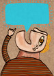 Blond man speaks a globe of text