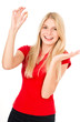 young woman with pill or capsule on white