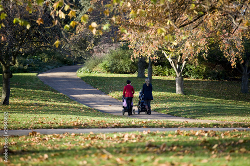 Photo: Two mothers pushing their buggies in the park, rear view Two mothers pushing their buggies in the park, rear view