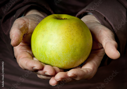 Photo: Senior Woman Holding Apple in her Palms. Senior Woman Holding Apple in her Palms.