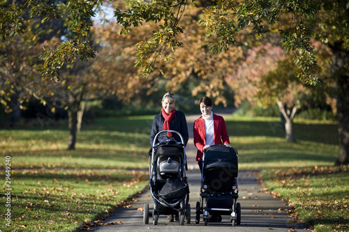 Photo: Two mothers pushing their buggies in the park Two mothers pushing their buggies in the park
