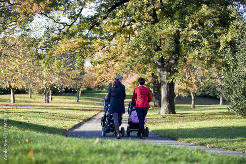Photo: Two mothers pushing their buggies in the park, rear view Two mothers pushing their buggies in the park, rear view