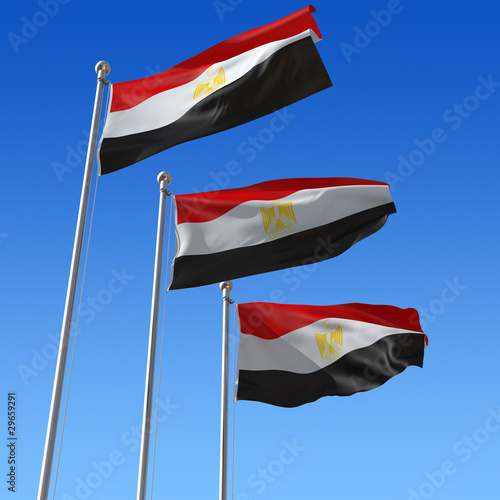 Illustration: Three flags of Egypt against blue sky. Three flags of Egypt against blue sky.