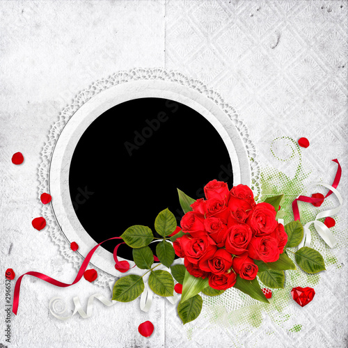 frame with red roses on the red and white roses background. frame with red roses on the