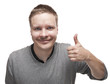 Smiling man with a funny mustache giving the Thumb Up sign.