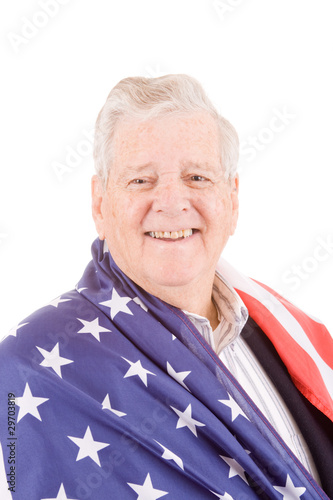 Photo: Patriotic Senior Man Wrap American Flag Isolated Patriotic Senior Man Wrap American Flag Isolated