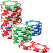 Vecteur : Jetons de casino: Trois piles sur la table, vert, bleu, rouge Jetons de casino: Trois piles sur la table, vert, bleu, rouge