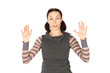 Excited Woman in Hands Up Pose